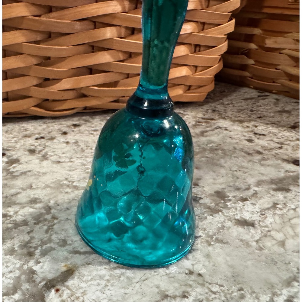 Vintage Fenton Teal Blue Glass Bell Hand Painted Floral Diamond Optic Signed - Picture 3 of 10